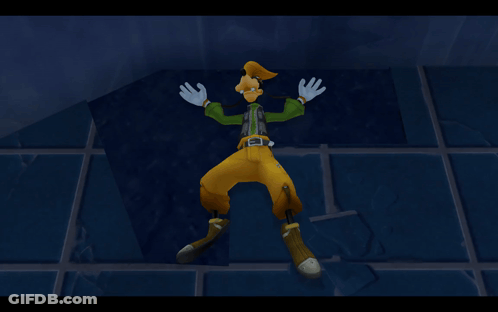 Goofy Cartoon Character Laying On Floor With Arms Outstretched GIF