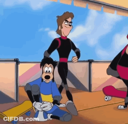 Goofy Cartoon Character Sitting Beside Skateboard With Man Standing Behind GIF