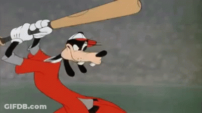 Goofy Cartoon Character Swinging Baseball Bat GIF