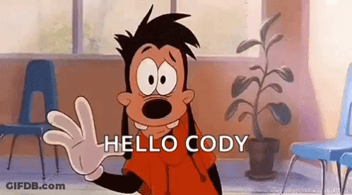 Goofy Cartoon Character Waving In Room With Chairs And Plant GIF