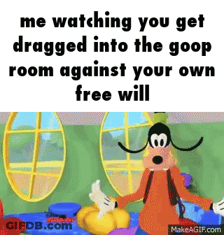 Goofy From Mickey Mouse Clubhouse Is Standing In A Room Against A Wall . GIF