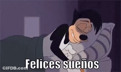 Goofy From Mickey Mouse Is Sleeping In A Bed With The Words Felices Suenos . GIF