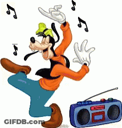 Goofy Is Dancing In Front Of A Boombox With Music Notes Flying Around Him GIF