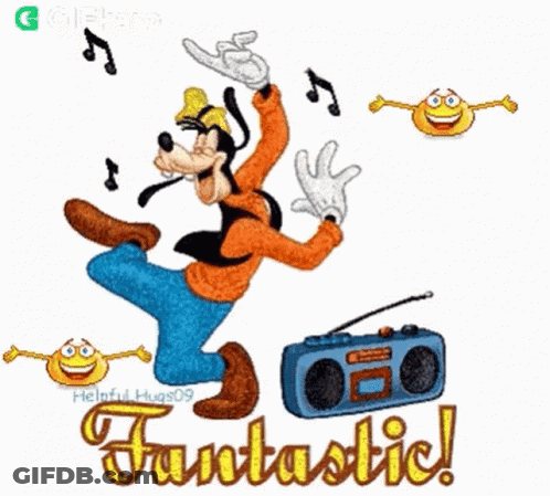Goofy Is Dancing In Front Of A Boombox With The Words Fantastic Written Below Him GIF