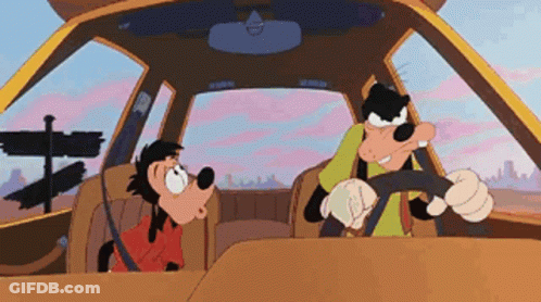 Goofy Is Driving A Car With A Boy In The Back GIF