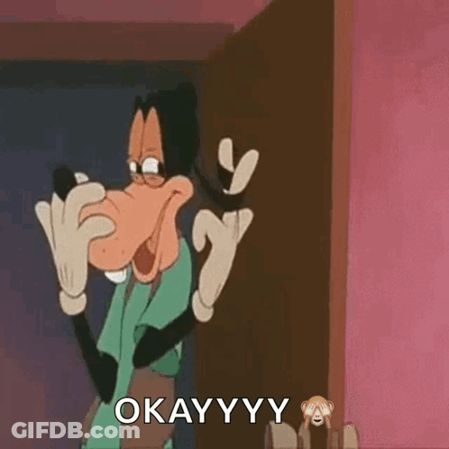 Goofy Is Standing In Front Of A Door And Covering His Nose With His Hands . GIF