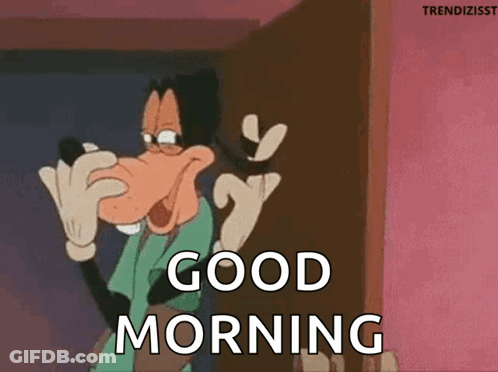 Goofy Is Standing In Front Of A Door Saying Good Morning . GIF