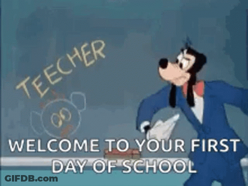 Goofy Is Writing On A Blackboard With The Words `` Welcome To Your First Day Of School '' Written On It . GIF