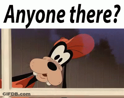 Goofy Looking Out Of A Window With The Words Anyone There Behind Him GIF