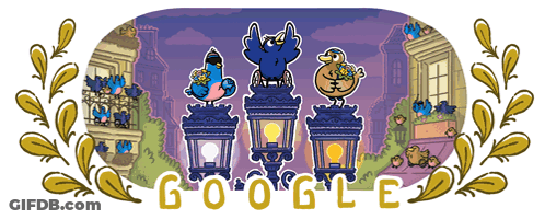 Google Logo With Birds On Lanterns GIF