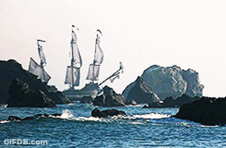 Goonies Sailing Ship And The Big Rocks GIF