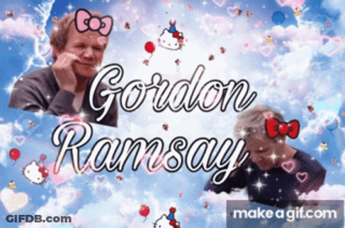 Gordon Ramsay With Hello Kitty And Balloons GIF