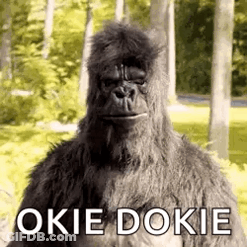 Gorilla Costume In Woods Saying Okie Dokie GIF