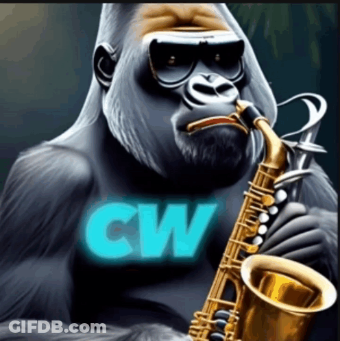 Gorilla Playing Saxophone With CW In Background GIF