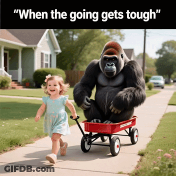 Gorilla Pushing Girl In Red Wagon Saying When The Going Gets Tough GIF