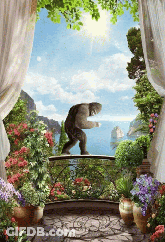 Gorilla Standing On Balcony Overlooking Sea GIF