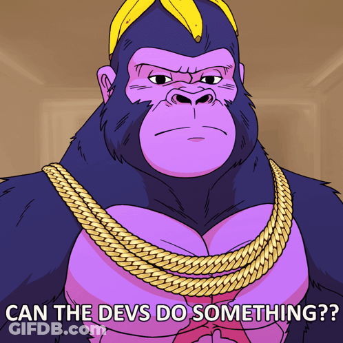 Gorilla With Banana On Head Saying Can The Devs Do Something GIF