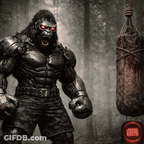 Gorilla With Red Eyes Next To Punching Bag Saying Fighter Earth GIF