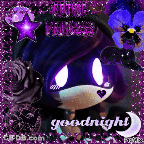 Gothic Princess With Purple Flowers Says Goodnight GIF