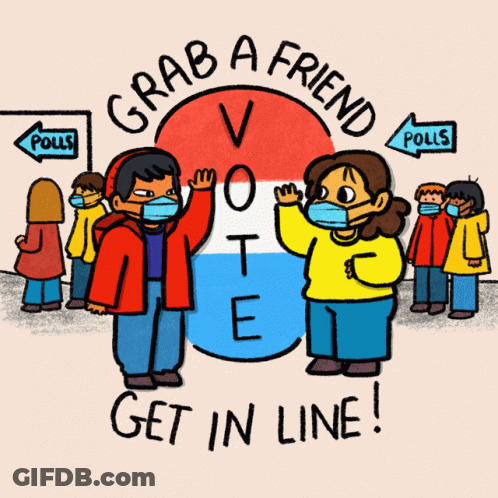 Grab A Friend Get In Line Poster With Two People Wearing Masks GIF