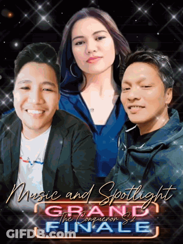 Grand Finale Music Poster With Spotlight And Three People GIF