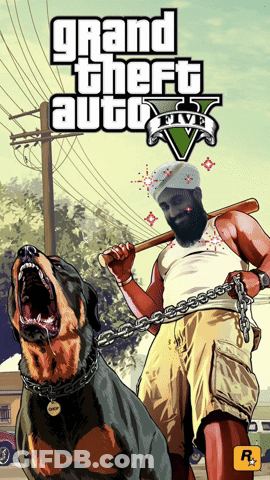 Grand Theft Auto 5 Poster Man Chained To Dog Holding Bat GIF