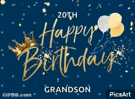 Grandson 20Th Birthday Card With Balloons And Crown GIF