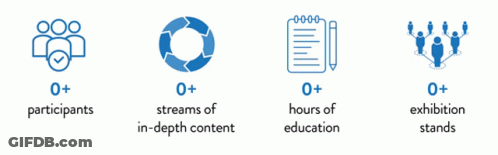 Graphic Showing Participants, Streams, In-Depth Content, Exhibition Stands GIF