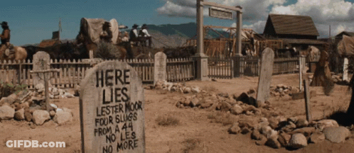 Grave Sign Saying Here Lies Lester Moor GIF