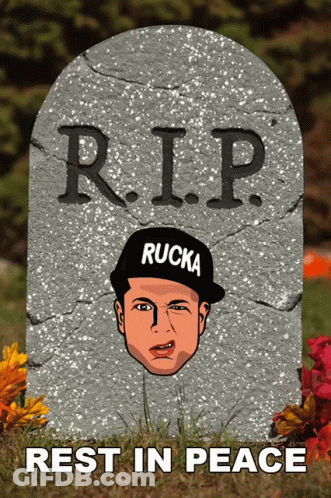 Gravestone With Man In Black Hat Saying Rucka GIF