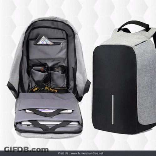 Gray And Black Backpack With Nikon Strap GIF