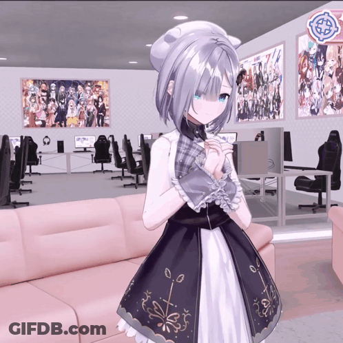 Gray-Haired Blue-Eyed Girl With Posters On Wall GIF