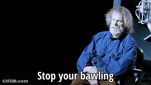 Gray Haired Man In Chair Says Stop Your Bawling GIF