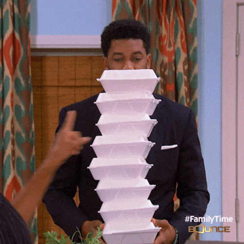 Greedy Boy Bringing Stack Of Lunch Box GIF