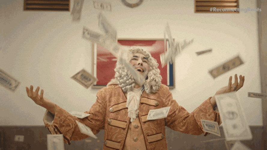 Greedy Renaissance Man Under Falling Money GIF