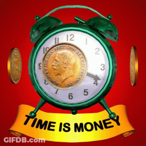 Green Alarm Clock With Gold Coin Saying Time Is Money GIF