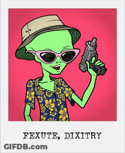 Green Alien Holding Gun Saying Fexute Dixitry GIF