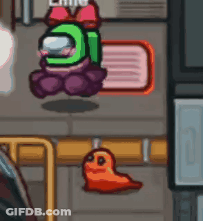 Green Among Us With Pink Bow Flying Near Purple GIF