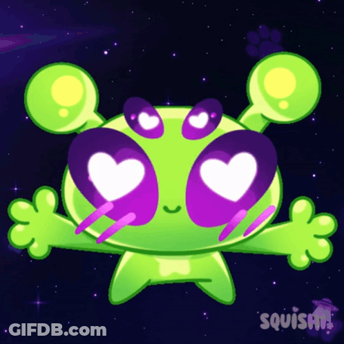 Green And Purple Alien With Hearts In Eyes Saying Squishy GIF