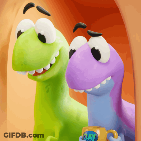 Green And Purple Dinosaur Holding Clay Cup GIF