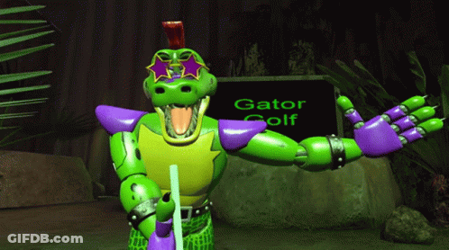 Green And Purple Gator Standing In Front Of Gator Golf Sign GIF