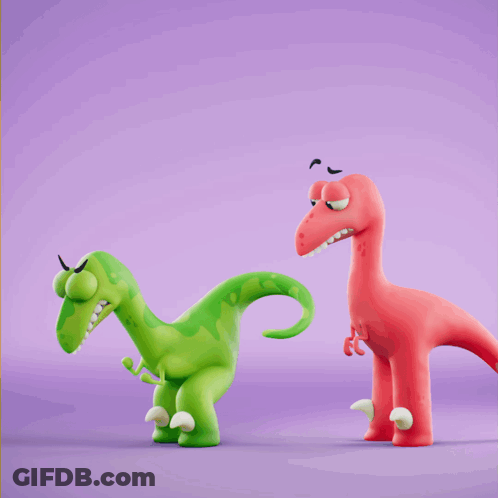 Green And Red Dinosaurs Standing Together GIF
