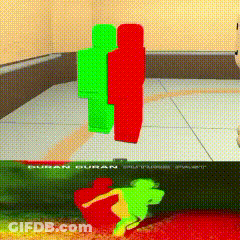 Green And Red Figure Standing On Tiled Floor GIF