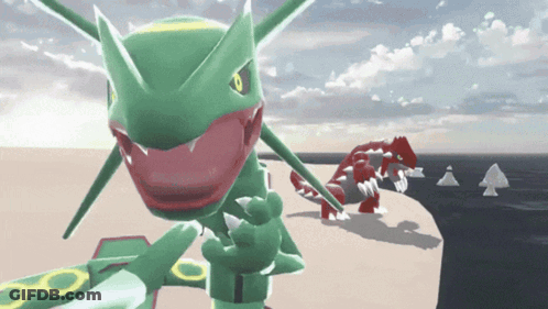 Green And Red Pokemon Standing On Cliff Near Ocean GIF