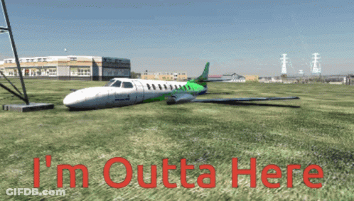Green And White Airplane Parked In Grassy Field Saying I'm Outta Here GIF