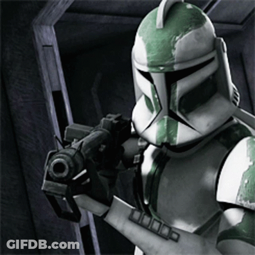 Green And White Clone Trooper Holding Gun GIF