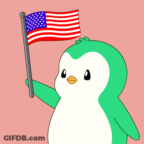Green And White Penguin Holding American Flag GIF