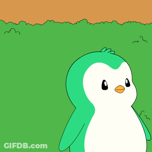 Green And White Penguin With Yellow Beak In Grass GIF