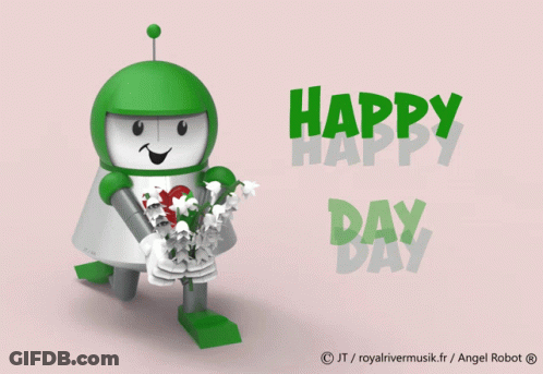 Green And White Robot Holding Flowers Happy Day GIF
