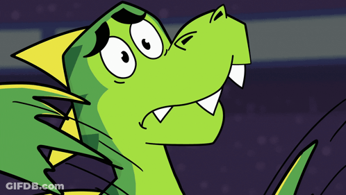 Green And Yellow Cartoon Character With Big Teeth And Yellow Tail GIF